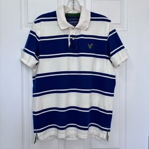 American Eagle Rugby Polo Shirt Mens Medium Blue White Eagle Patch Preppy Sporty
